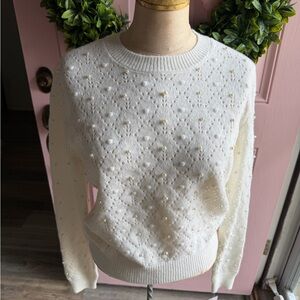 Nanette Lepore Cream Sweater with Textured & Pearl Accents